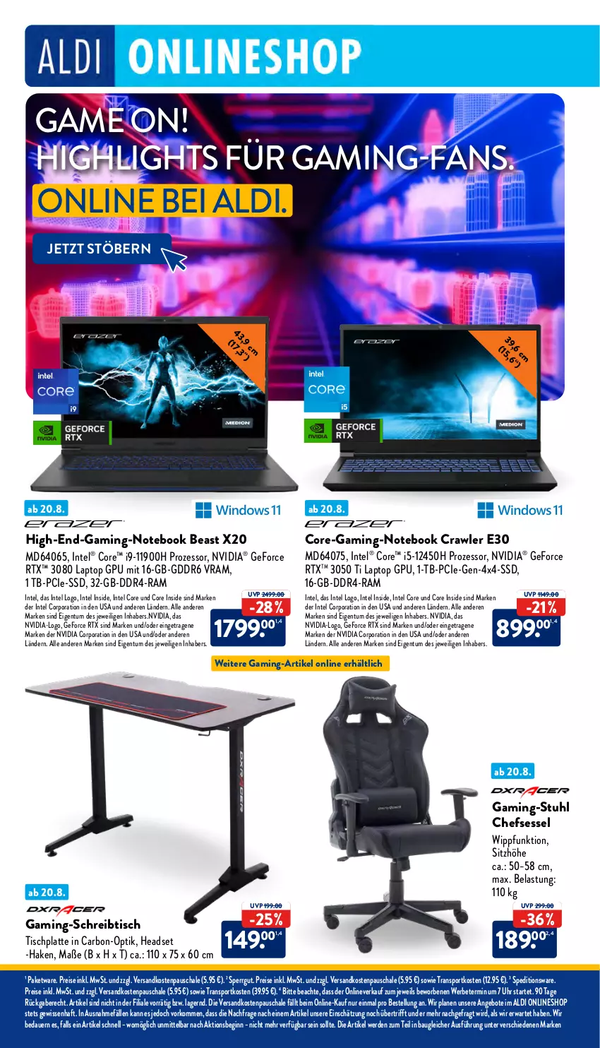 Aktueller Prospekt Aldi Nord - Von Montag - von 21.08 bis 26.08.2023 - strona 28 - produkty: aldi, angebot, angebote, auer, Bau, chefsessel, eis, erde, geforce, gin, Headset, HP, Intel, Laptop, latte, ndk, notebook, nvidia, reis, rtx, Schal, Schale, schreibtisch, sessel, Sitzhöhe, Sport, ssd, stuhl, Ti, tisch, tischplatte, uhr