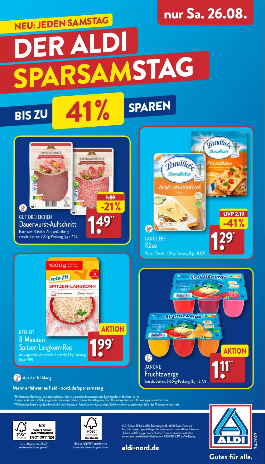 Aktueller Prospekt Aldi Nord - Von Montag - von 21.08 bis 26.08.2023 - strona 32 - produkty: aldi, auer, aufschnitt, auto, danone, danone fruchtzwerge, eis, elle, frucht, fruchtzwerge, gin, Käse, korn, landliebe, magazin, papier, reis, reis-fit, spitzen-langkorn, telefon, Ti, wurst, ZTE