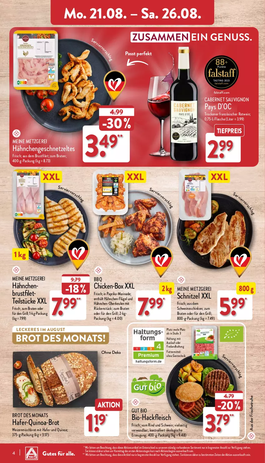 Aktueller Prospekt Aldi Nord - Von Montag - von 21.08 bis 26.08.2023 - strona 4 - produkty: asti, bio, Bio-Hackfleisch, braten, brot, brustfilet, cabernet, cabernet sauvignon, eis, filet, flasche, fleisch, geschnetzeltes, gin, grill, hackfleisch, hafer, Hähnchen-Oberkeulen, hähnchenbrust, hähnchenbrustfilet, marinade, nuss, paprika, quinoa, reis, rind, rotwein, rwe, sauvignon, schinken, schnitzel, schwein, schweine, Ti, tiefpreis, trolli, wein, weine, weizenmischbrot, Zelt, ZTE