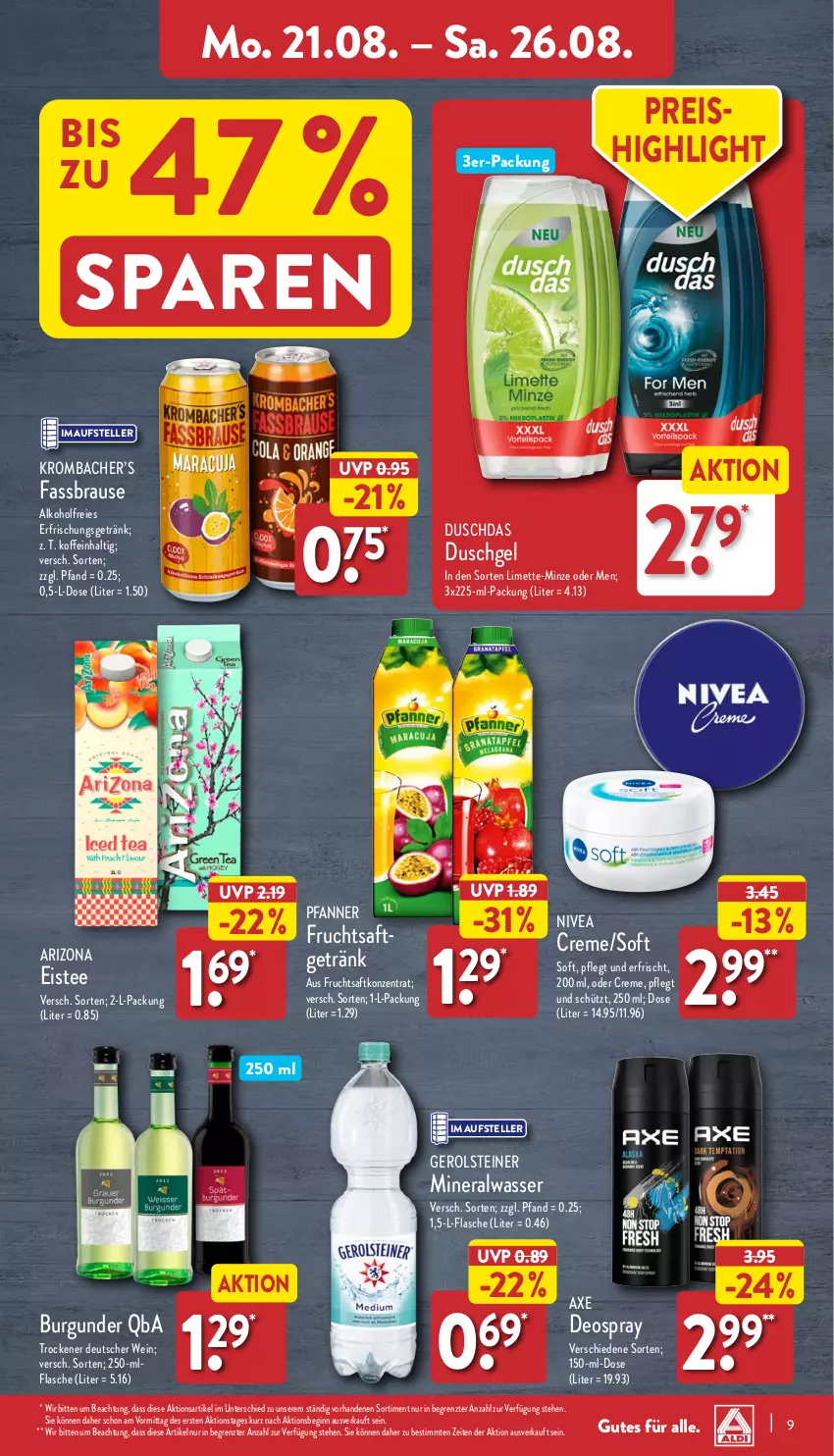 Aktueller Prospekt Aldi Nord - Von Montag - von 21.08 bis 26.08.2023 - strona 9 - produkty: alkohol, Alwa, axe, brause, burgunder, creme, deo, deospray, duschdas, duschgel, eis, eistee, elle, erfrischungsgetränk, fassbrause, flasche, frucht, fruchtsaft, gerolsteine, gerolsteiner, getränk, gin, krombache, krombacher, limette, Mett, mineralwasser, minze, nivea, pfanne, Pfanner, reis, saft, steiner, tee, teller, Ti, wasser, wein, ZTE