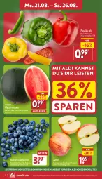 Gazetka promocyjna Aldi Nord - Von Montag - Gazetka - ważna od 26.08 do 26.08.2023 - strona 2 - produkty: aldi, angebot, beere, beeren, eis, heidelbeere, heidelbeeren, melone, paprika, reis, rum, Schal, Schale, Ti, wasser, wassermelone, ZTE