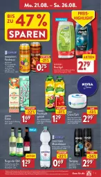 Gazetka promocyjna Aldi Nord - Von Montag - Gazetka - ważna od 26.08 do 26.08.2023 - strona 9 - produkty: alkohol, Alwa, axe, brause, burgunder, creme, deo, deospray, duschdas, duschgel, eis, eistee, elle, erfrischungsgetränk, fassbrause, flasche, frucht, fruchtsaft, gerolsteine, gerolsteiner, getränk, gin, krombache, krombacher, limette, Mett, mineralwasser, minze, nivea, pfanne, Pfanner, reis, saft, steiner, tee, teller, Ti, wasser, wein, ZTE