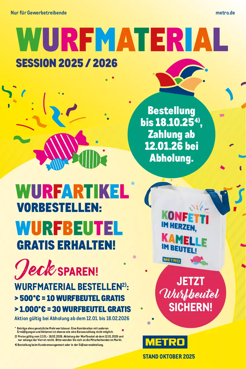 Aktueller Prospekt Metro - Wurfmaterial Karneval - von 01.10.2025 bis 17.02.2026 - strona 1 - produkty: Abtei, beutel, eis, elle, Metro, reis, Ria, rwe, Ti