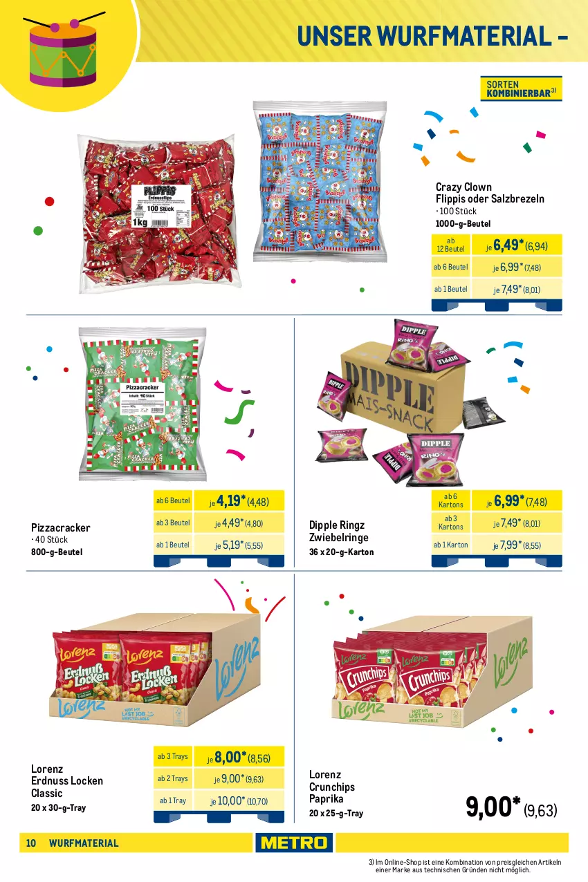 Aktueller Prospekt Metro - Wurfmaterial Karneval - von 01.10.2025 bis 17.02.2026 - strona 10 - produkty: beutel, brezel, Brezeln, chio chips, chips, chipsfrisch, cracker, crunchips, dip, eis, erdnuss, Funny Frisch, lorenz, lorenz crunchips, Metro, metro gastro, nuss, paprika, pizza, reis, Ria, ring, salz, Ti, zwiebel