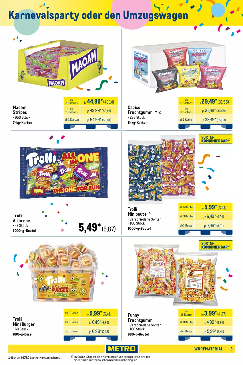 Aktueller Prospekt Metro - Wurfmaterial Karneval - von 01.10.2025 bis 17.02.2026 - strona 3 - produkty: beutel, burger, Cap, cola, eis, frucht, fruchtgummi, goldbären, gsw, haribo, maoam, Metro, metro gastro, reis, Ria, Ti, trolli, Tüte