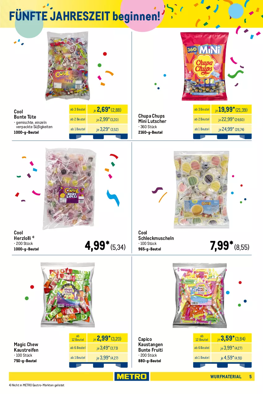 Aktueller Prospekt Metro - Wurfmaterial Karneval - von 01.10.2025 bis 17.02.2026 - strona 5 - produkty: aust, beutel, bonbons, Cap, chupa, chupa chups, eis, elle, frucht, gin, karamell, Kaustreifen, Lutscher, Metro, metro gastro, Muscheln, Popp, reifen, reis, Ria, Ti, tiefpreis, Tüte