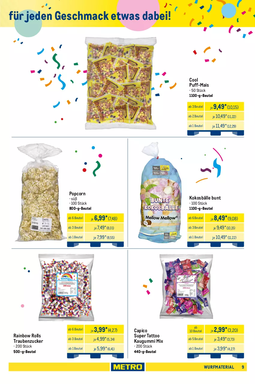 Aktueller Prospekt Metro - Wurfmaterial Karneval - von 01.10.2025 bis 17.02.2026 - strona 9 - produkty: angebot, beutel, Cap, creme, eis, haselnuss, kakao, karamell, kaugummi, keks, kokos, mac, mais, milch, nuss, popcorn, pralinen, reis, Ria, riegel, Ti, trauben, waffeln, zucker