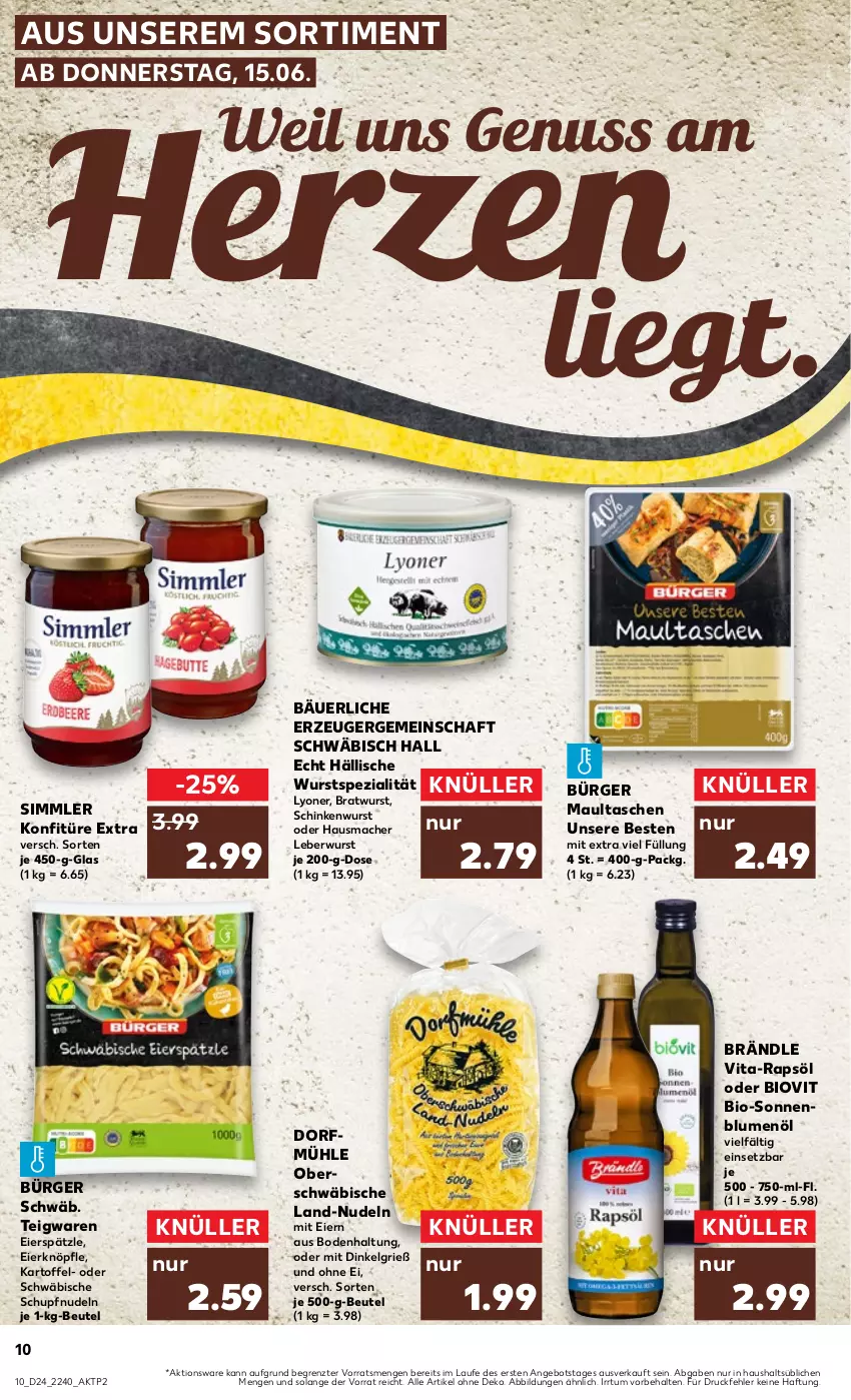 Aktueller Prospekt Kaufland - Prospekt - von 15.06 bis 21.06.2023 - strona 10 - produkty: angebot, beutel, bio, blume, blumen, blumenöl, bratwurst, eier, eierspätzle, Hausmacher, kartoffel, konfitüre, konfitüre extra, leberwurst, LG, lyoner, mac, maultaschen, nudel, nudeln, nuss, rapsöl, schinken, schinkenwurst, sim, Spezi, Tasche, taschen, teigwaren, Ti, vita, wurst, Yo, ZTE