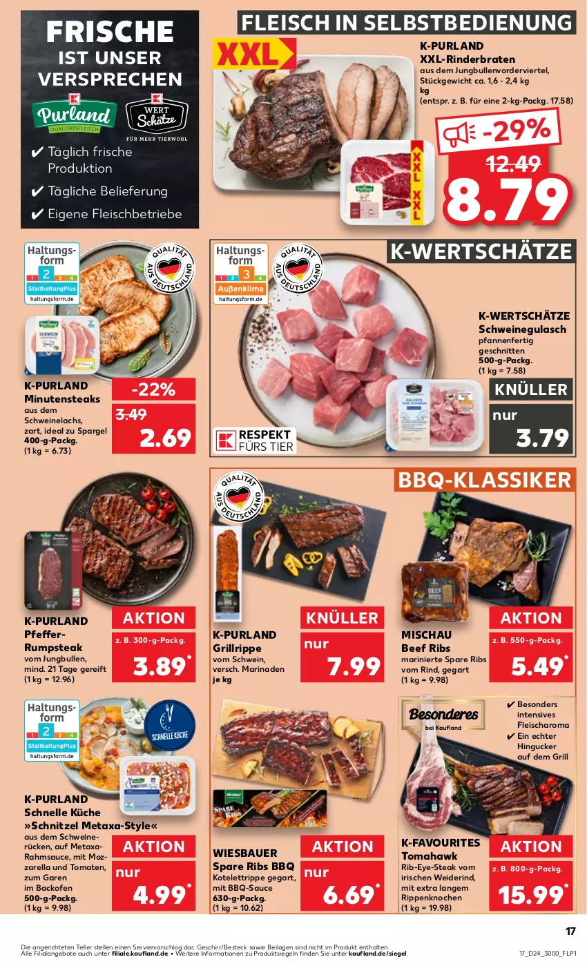 Aktueller Prospekt Kaufland - Prospekt - von 15.06 bis 21.06.2023 - strona 17 - produkty: angebot, angebote, auer, backofen, Bau, Bauer, bbq-sauce, beef, besteck, braten, eis, elle, fleisch, fleisch in selbstbedienung, geschirr, grill, grillrippe, gulasch, ilag, jungbullen, kotelett, küche, lachs, marinade, Metaxa, minutensteaks, mozzarella, Ofen, pfanne, pfannen, pfeffer, purland, rel, rind, rinder, rinderbraten, Rippen, rum, rumpsteak, sauce, schnitten, schnitzel, schwein, schweine, schweinegulasch, Schweinelachs, schweinerücken, spare ribs, spargel, steak, steaks, teller, Ti, tomate, tomaten, wein, weine, wiesbauer