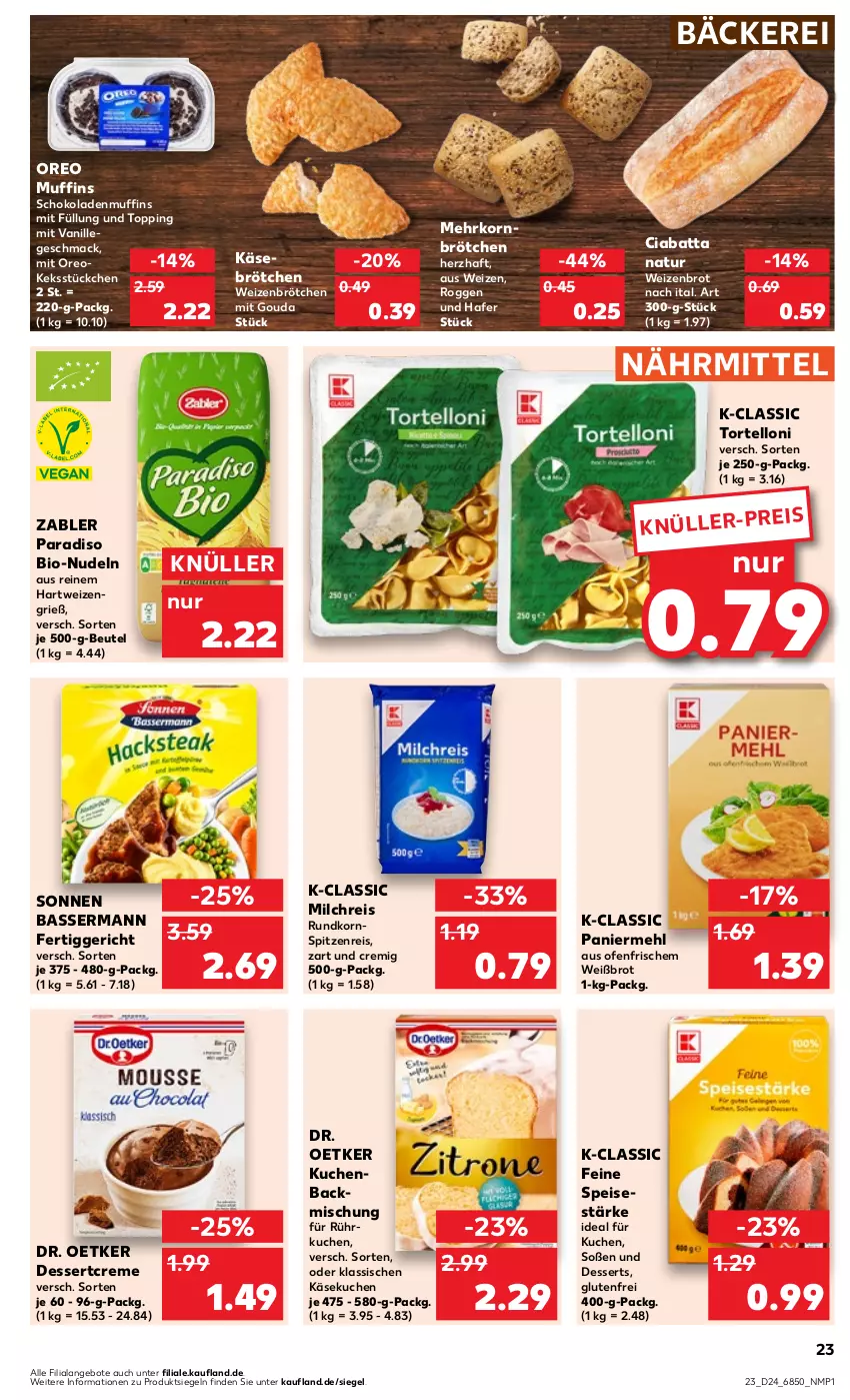 Aktueller Prospekt Kaufland - Prospekt - von 15.06 bis 21.06.2023 - strona 23 - produkty: angebot, angebote, backmischung, beutel, bio, brot, brötchen, ciabatta, creme, dessert, desserts, Dr. Oetker, eis, fertiggericht, gouda, hafer, hartweizen, Käse, käsekuchen, keks, korn, Kornspitz, kuchen, mac, mehl, mehrkornbrötchen, milch, milchreis, mit gouda, Muffin, muffins, natur, ndk, nudel, nudeln, Ofen, oreo, Paniermehl, reis, schoko, schokolade, schokoladen, Soße, Ti, torte, tortelloni, vanille, Weizenbrot, weizenbrötchen, Zabler