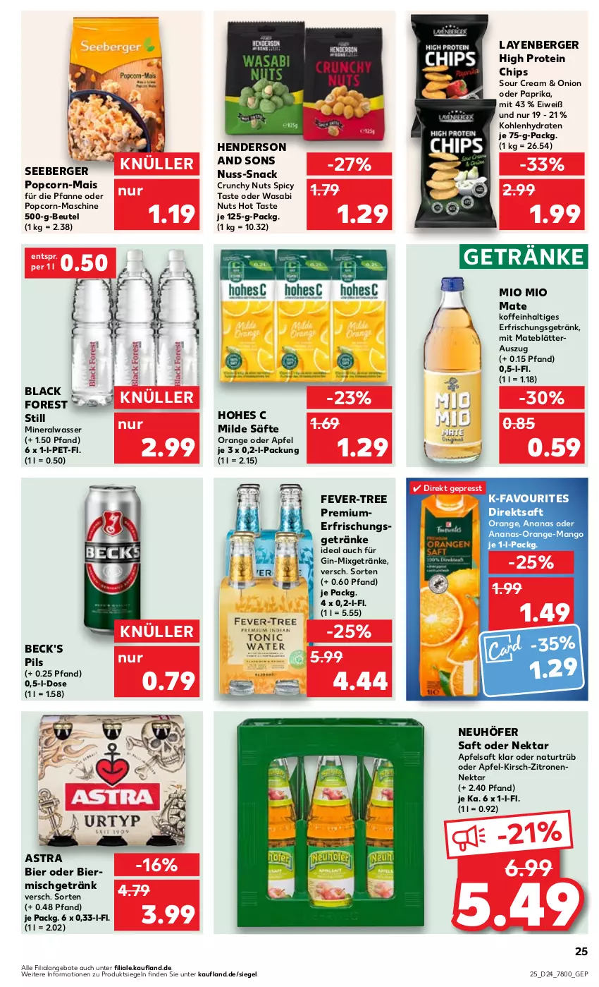 Aktueller Prospekt Kaufland - Prospekt - von 15.06 bis 21.06.2023 - strona 25 - produkty: Alwa, ananas, angebot, angebote, apfel, apfelsaft, Astra, beck's, Berger, beutel, bier, black forest, chips, direktsaft, enders, erfrischungsgetränk, erfrischungsgetränke, fever-tree, getränk, getränke, gin, Hohes C, kirsch, lack, mais, mango, mineralwasser, Mio Mio, Mixgetränk, natur, Nektar, nuss, orange, paprika, pfanne, pils, popcorn, saft, säfte, seeberger, snack, sour cream, Ti, wasa, wasser, zitrone, zitronen