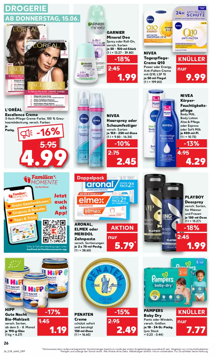 Aktueller Prospekt Kaufland - Prospekt - von 15.06 bis 21.06.2023 - strona 26 - produkty: angebot, bio, body, body lotion, body milk, coupon, coupons, creme, deo, deo spray, deospray, elle, elmex, ente, feuchtigkeitspflege, garnier, haarspray, hipp, je 50-ml-tiegel, Lotion, meridol, nivea, oder schaumfestiger, pampers, pampers baby dry, Pants, pasta, penaten, Pflegecreme, Playboy, Q10, roll-on, schaumfestiger, Tagespflege, Ti, windeln, zahnpasta, ZTE