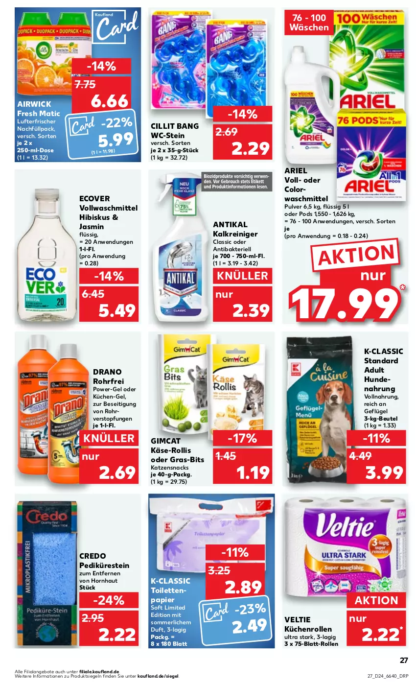 Aktueller Prospekt Kaufland - Prospekt - von 15.06 bis 21.06.2023 - strona 27 - produkty: airwick, angebot, angebote, ariel, beutel, Cillit, cillit bang, colorwaschmittel, Geflügel, hundenahrung, Kalkreiniger, Käse, katzensnack, katzensnacks, küche, Küchen, küchenrolle, küchenrollen, lufterfrischer, merl, papier, Pods, power-gel, reiniger, snack, snacks, Ti, topf, vollwaschmittel, waschmittel, WICK