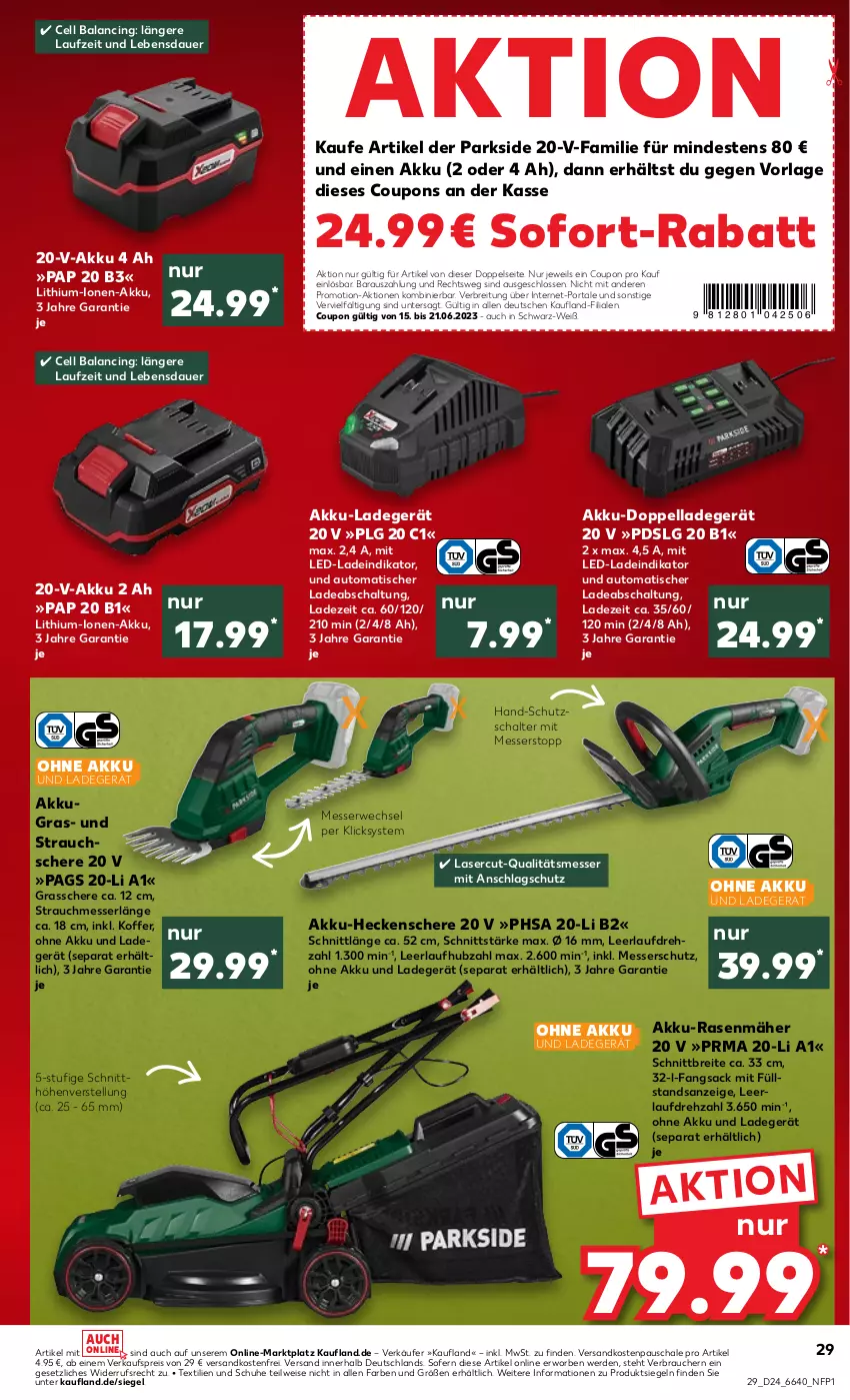 Aktueller Prospekt Kaufland - Prospekt - von 15.06 bis 21.06.2023 - strona 29 - produkty: akku, akku-heckenschere, akku-rasenmäher, auer, auto, Brei, cin, coupon, coupons, eis, erde, Grasschere, heckenschere, koffer, ladegerät, LG, messer, ndk, ohne akku und ladegerät, Parkside, rasen, rasenmäher, Rauch, reis, rwe, sac, Schal, Schale, Schere, schuhe, sofort-rabatt, Strauchschere, Ti, tisch, versandkostenfrei