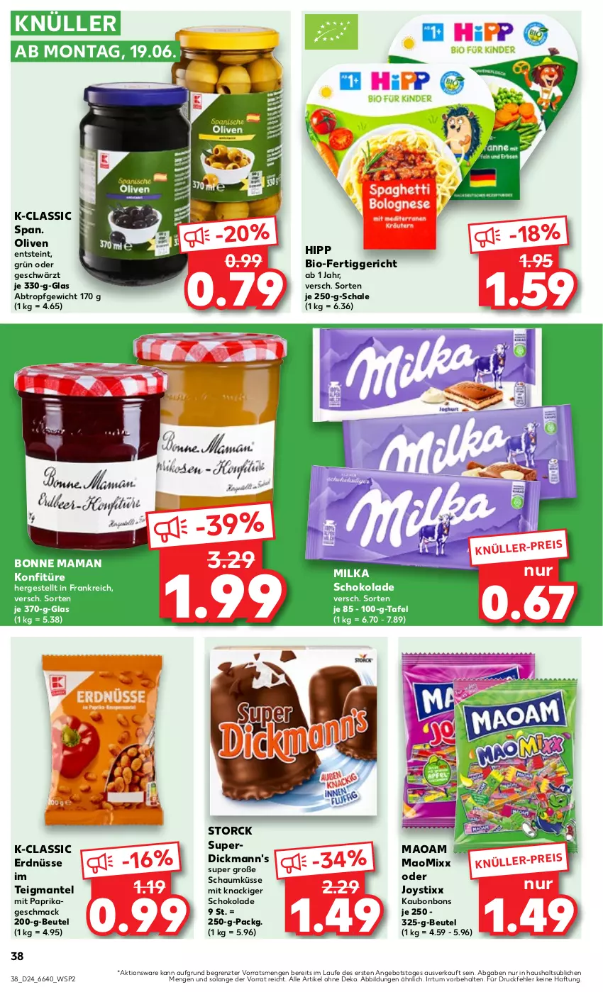 Aktueller Prospekt Kaufland - Prospekt - von 15.06 bis 21.06.2023 - strona 38 - produkty: angebot, beutel, bio, bonbons, bonne maman, Dickmann's, eis, erdnüsse, fertiggericht, hipp, konfitüre, mac, mam, Mantel, maoam, milka, milka schokolade, mit paprika, olive, oliven, paprika, Schal, Schale, schoko, schokolade, storck, Ti, ZTE