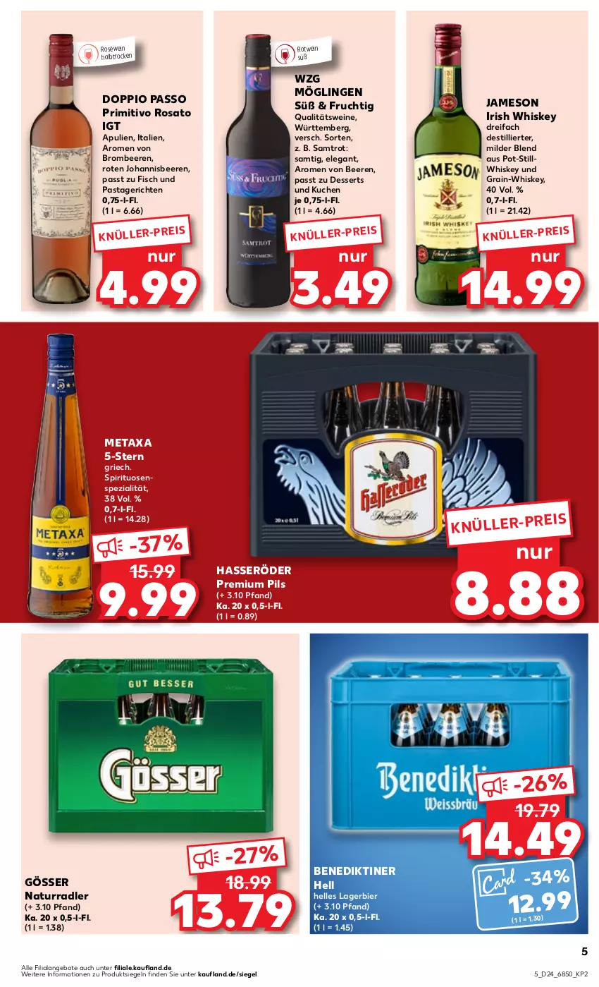 Aktueller Prospekt Kaufland - Prospekt - von 15.06 bis 21.06.2023 - strona 5 - produkty: angebot, angebote, beere, beeren, Benediktiner, bier, brombeere, brombeeren, dessert, desserts, doppio passo, eis, elle, fisch, frucht, gösser, hasseröder, irish whiskey, jameson, johannisbeere, Johannisbeeren, kuchen, Lagerbier, Metaxa, natur, passo, pasta, Pastagericht, pils, premium pils, primitivo, qualitätswein, qualitätsweine, radler, rosato, roséwein, rotwein, Spezi, spirituosen, Ti, wein, weine, whiskey