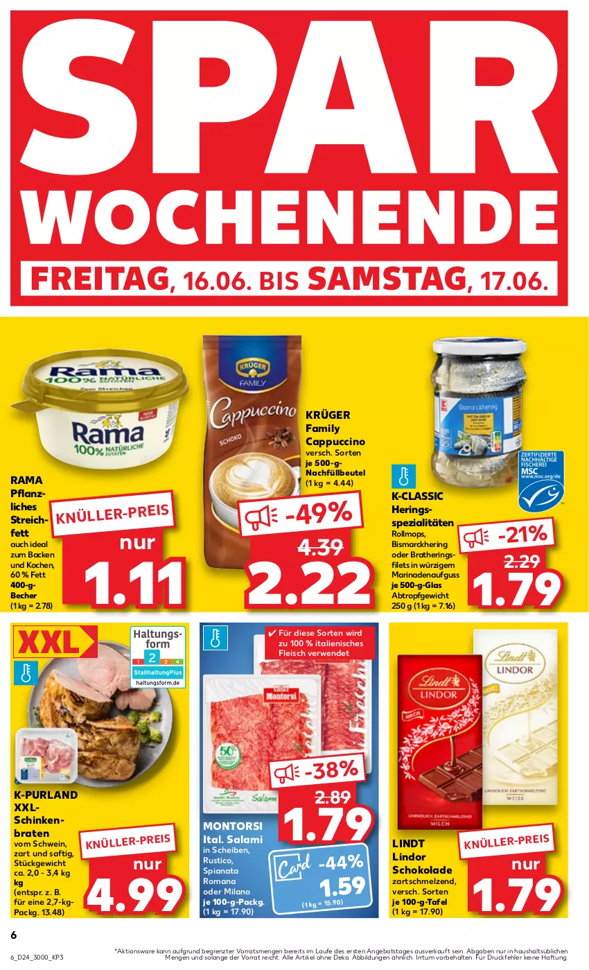 Aktueller Prospekt Kaufland - Prospekt - von 15.06 bis 21.06.2023 - strona 6 - produkty: angebot, Becher, beutel, bismarck, braten, Cap, cappuccino, cin, eis, filet, filets, fleisch, hering, Herings, heringsfilets, krüger, lindor, lindt, marinade, montorsi, purland, rama, ring, rwe, saft, salami, schinken, schinkenbraten, schoko, schokolade, schwein, Spezi, Ti, wein, ZTE