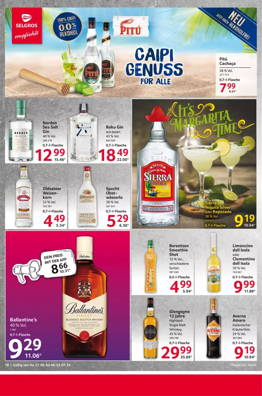 Aktueller Prospekt Selgros - Food - von 27.06 bis 03.07.2024 - strona 18 - produkty: amaro, averna, berentzen, cin, dell, flasche, gin, korn, kräuter, kräuterlikör, likör, limo, obst, oldesloer, single malt, smoothie, specht, Ti, whiskey