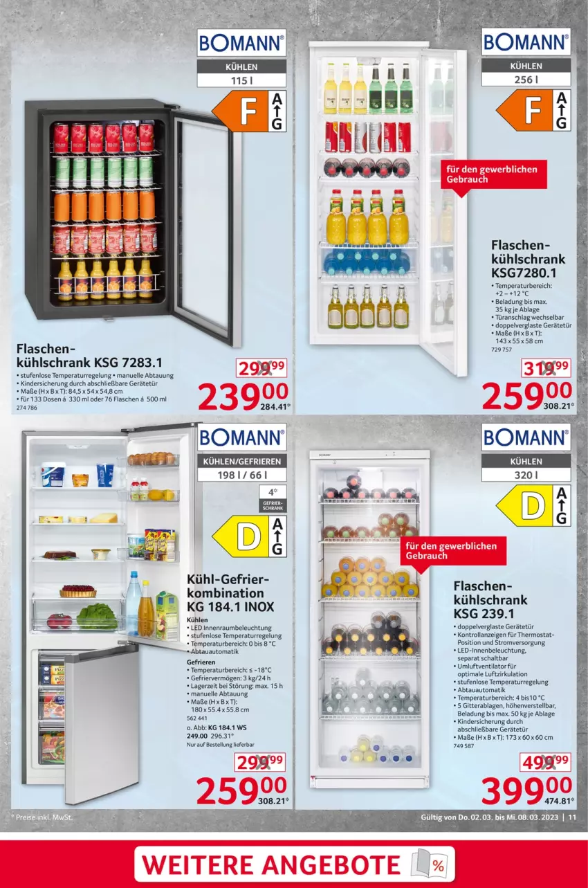 Aktueller Prospekt Selgros - Nonfood - von 02.03 bis 08.03.2023 - strona 11 - produkty: abtauautomatik, angebot, angebote, auto, beleuchtung, bomann, elle, flasche, Kinder, kühlschrank, Rauch, Schal, Schrank, thermostat, Ti, türanschlag wechselbar, ventilator