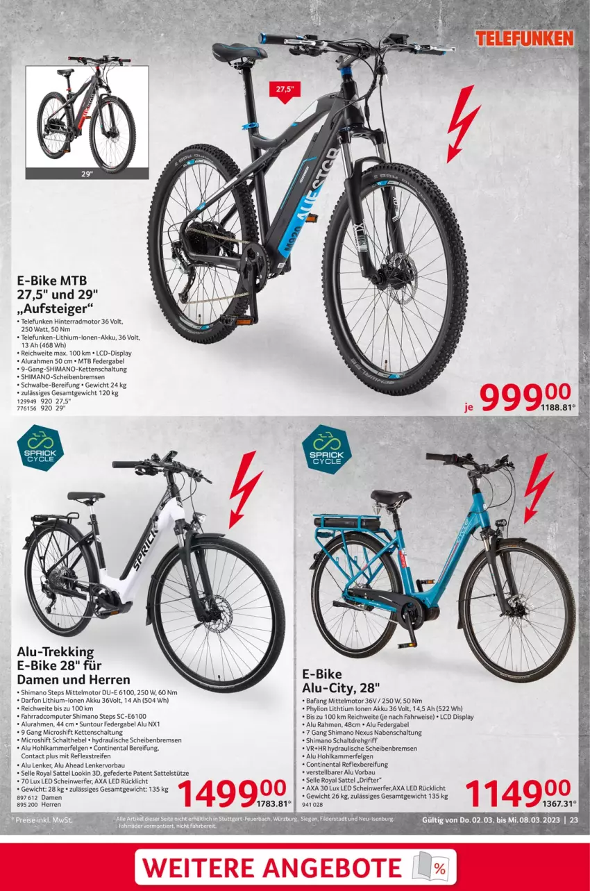 Aktueller Prospekt Selgros - Nonfood - von 02.03 bis 08.03.2023 - strona 23 - produkty: akku, angebot, angebote, Bau, computer, E-Bike, eis, elle, Fahrrad, felgen, gabel, Kette, LG, lion, Lithium-Lonen-Akku, nexus, pute, reifen, rücklicht, rwe, sattel, sattelstütze, Schal, shimano, telefunken, Ti