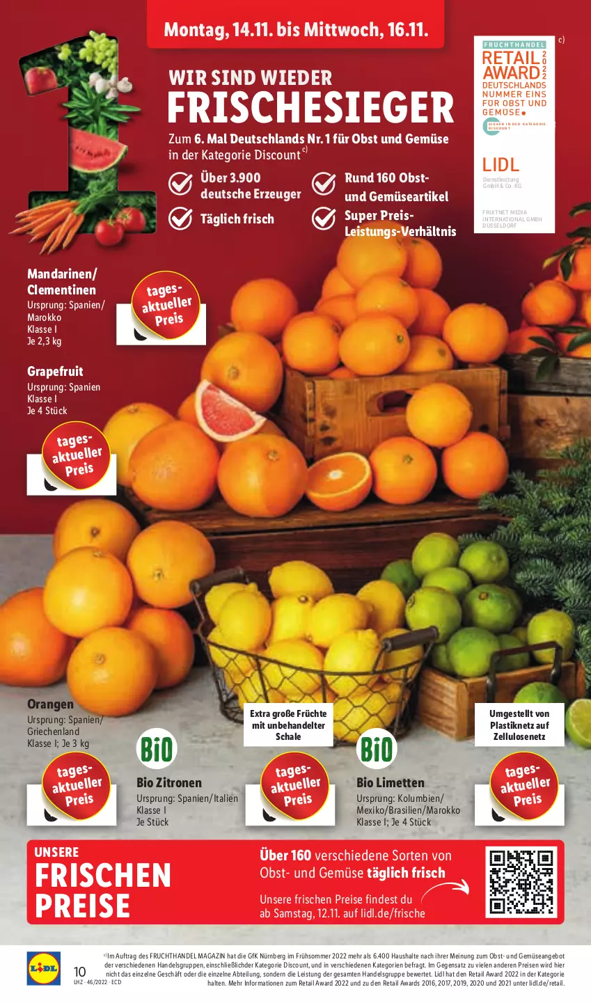 Aktueller Prospekt Lidl - Aktionsprospekt - von 14.11 bis 19.11.2022 - strona 14 - produkty: Abtei, angebot, asti, bio, clementinen, discount, eis, elle, ente, frucht, früchte, grapefruit, limette, limetten, magazin, mandarine, mandarinen, Mett, metten, obst, Obst und Gemüse, orange, orangen, reis, Schal, Schale, Ti, und gemüse, zitrone, zitronen