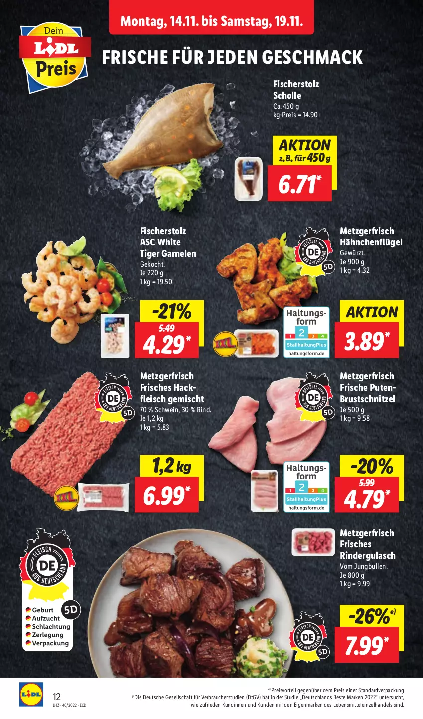 Aktueller Prospekt Lidl - Aktionsprospekt - von 14.11 bis 19.11.2022 - strona 16 - produkty: eis, fisch, fische, Fischer, fleisch, garnelen, gewürz, gulasch, hackfleisch, hackfleisch gemischt, hähnchenflügel, jungbullen, lebensmittel, mac, preisvorteil, pute, putenbrust, Rauch, reis, rind, rinder, rindergulasch, schnitzel, scholl, schwein, Ti, wein