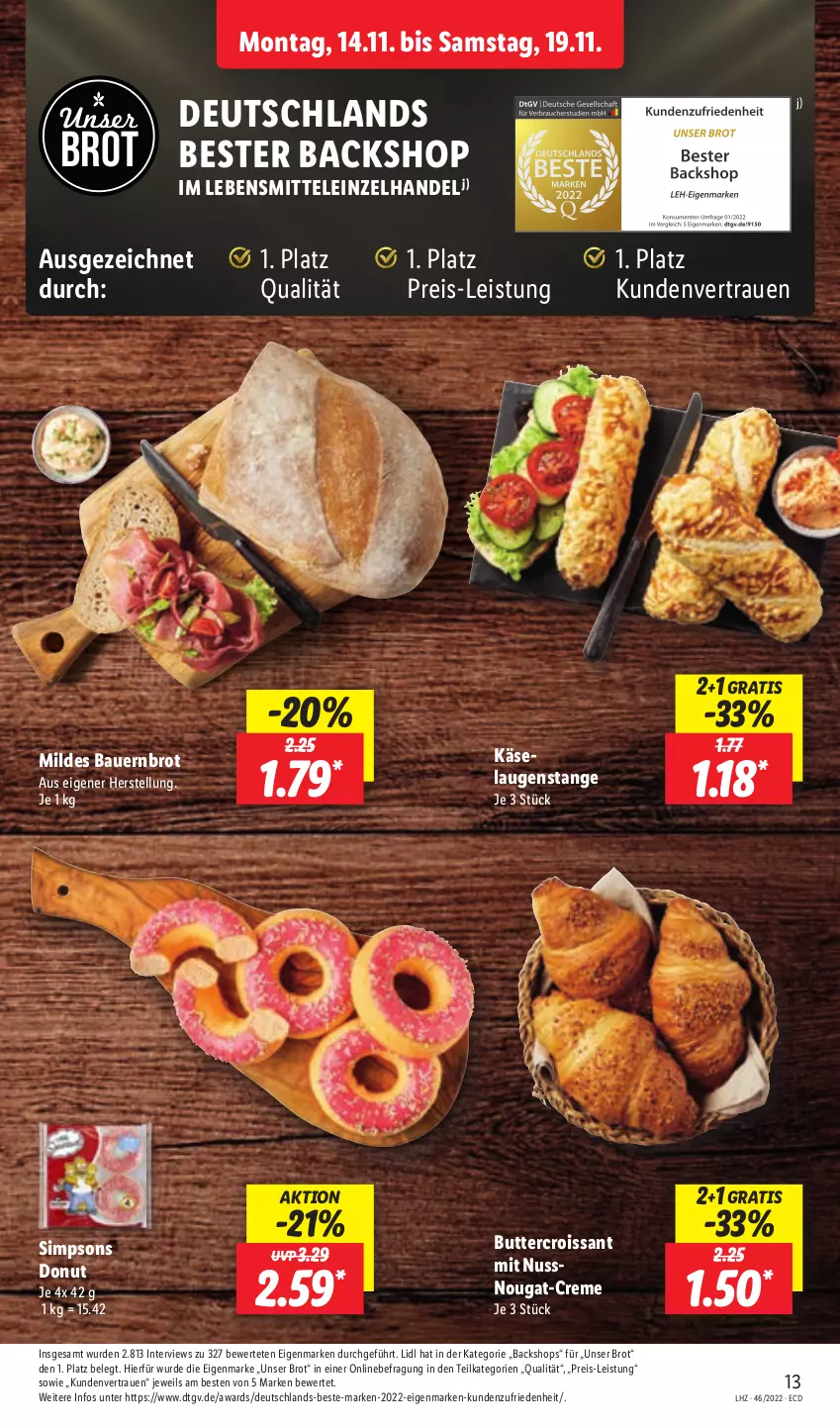 Aktueller Prospekt Lidl - Aktionsprospekt - von 14.11 bis 19.11.2022 - strona 17 - produkty: auer, Bau, Bauer, brot, butter, creme, Croissant, Donut, eis, Käse, Laugenstange, lebensmittel, nuss, reis, sim, Ti