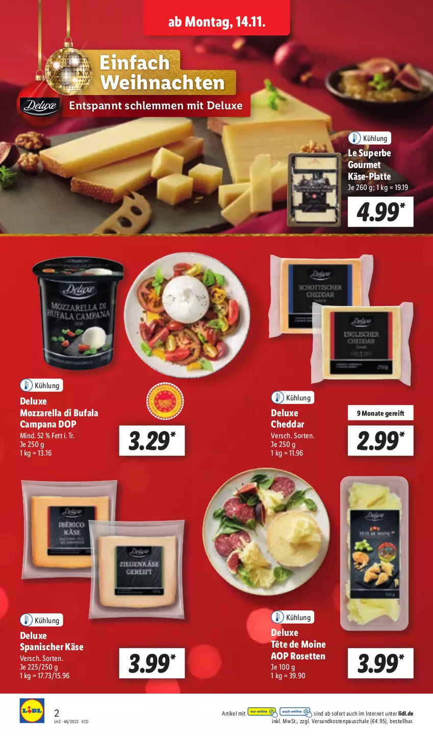 Aktueller Prospekt Lidl - Aktionsprospekt - von 14.11 bis 19.11.2022 - strona 2 - produkty: cheddar, di bufala, Käse, latte, mozzarella, ndk, rel, Schal, Schale, Tête de Moine, Ti, weihnachten