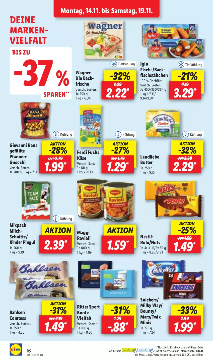 Aktueller Prospekt Lidl - Aktionsprospekt - von 14.11 bis 19.11.2022 - strona 20 - produkty: backfisch, bahlsen, bounty, butter, comtess, ferdi fuchs, filet, fisch, fischstäbchen, giovanni rana, gnocchi, iglo, Käse, Kinder, kinder pingui, landliebe, maggi, mars, milch, Milchschnitte, milky way, ndk, nestlé, pfanne, pfannen, pingui, Rana, ravioli, ritter, ritter sport, Schal, Schale, snickers, Sport, Ti, twix, wagner