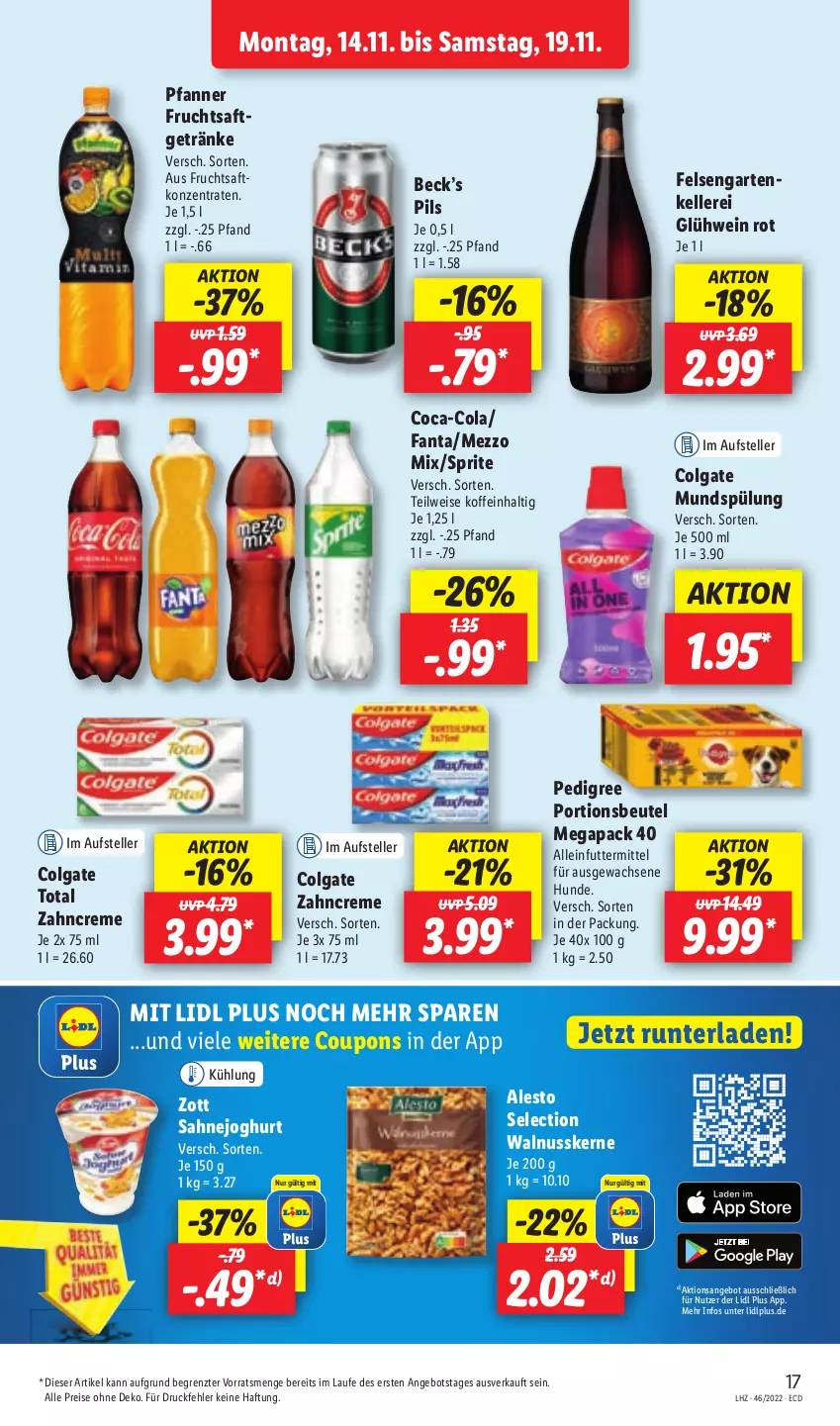 Aktueller Prospekt Lidl - Aktionsprospekt - von 14.11 bis 19.11.2022 - strona 21 - produkty: alesto, alleinfuttermittel, angebot, beutel, cola, colgate, colgate total, coupon, coupons, creme, eis, elle, fanta, frucht, fruchtsaft, Garten, getränk, getränke, Glühwein, joghur, joghurt, LG, Mezzo Mix, mundspülung, nuss, pedigree, pfanne, Pfanner, pils, portionsbeutel, reis, saft, sahne, Sahnejoghurt, sprite, spülung, teller, Ti, walnuss, walnusskerne, wein, zahncreme, zott, ZTE