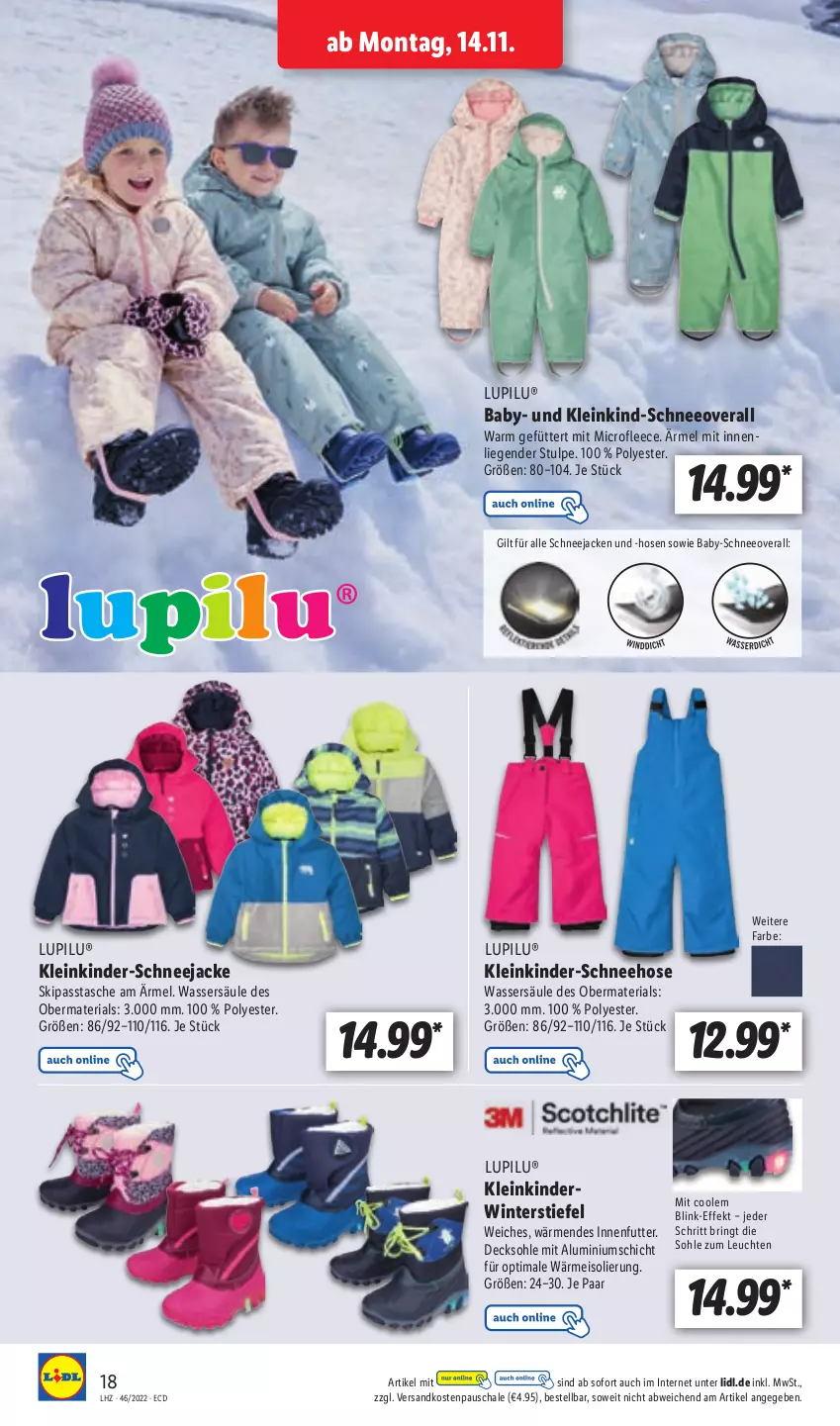 Aktueller Prospekt Lidl - Aktionsprospekt - von 14.11 bis 19.11.2022 - strona 22 - produkty: decksohle, eis, hose, hosen, Jacke, Kinder, Leuchte, leuchten, Liege, lupilu, ndk, Overall, Ria, ring, Schal, Schale, Schneehose, Schneejacke, Schneeoverall, Tasche, Ti, wasser, Winterstiefel