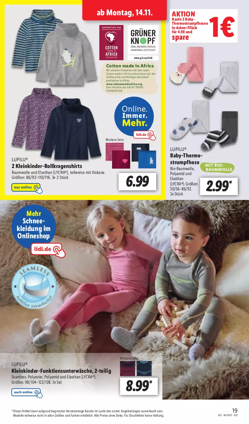 Aktueller Prospekt Lidl - Aktionsprospekt - von 14.11 bis 19.11.2022 - strona 23 - produkty: angebot, Bau, baumwolle, bio, bio-baumwolle, dell, eis, elle, hose, hosen, Kinder, kleid, Kleidung, lupilu, Mode, reis, rum, shirt, shirts, Strumpfhose, Thermostrumpfhose, Ti, Unterwäsche, wolle, ZTE