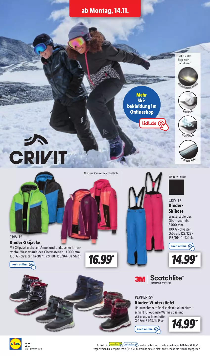 Aktueller Prospekt Lidl - Aktionsprospekt - von 14.11 bis 19.11.2022 - strona 24 - produkty: crivit, decksohle, eis, hose, hosen, Jacke, Kinder, kleid, Kleidung, ndk, Ria, Schal, Schale, Tasche, Ti, tisch, wasser, Winterstiefel