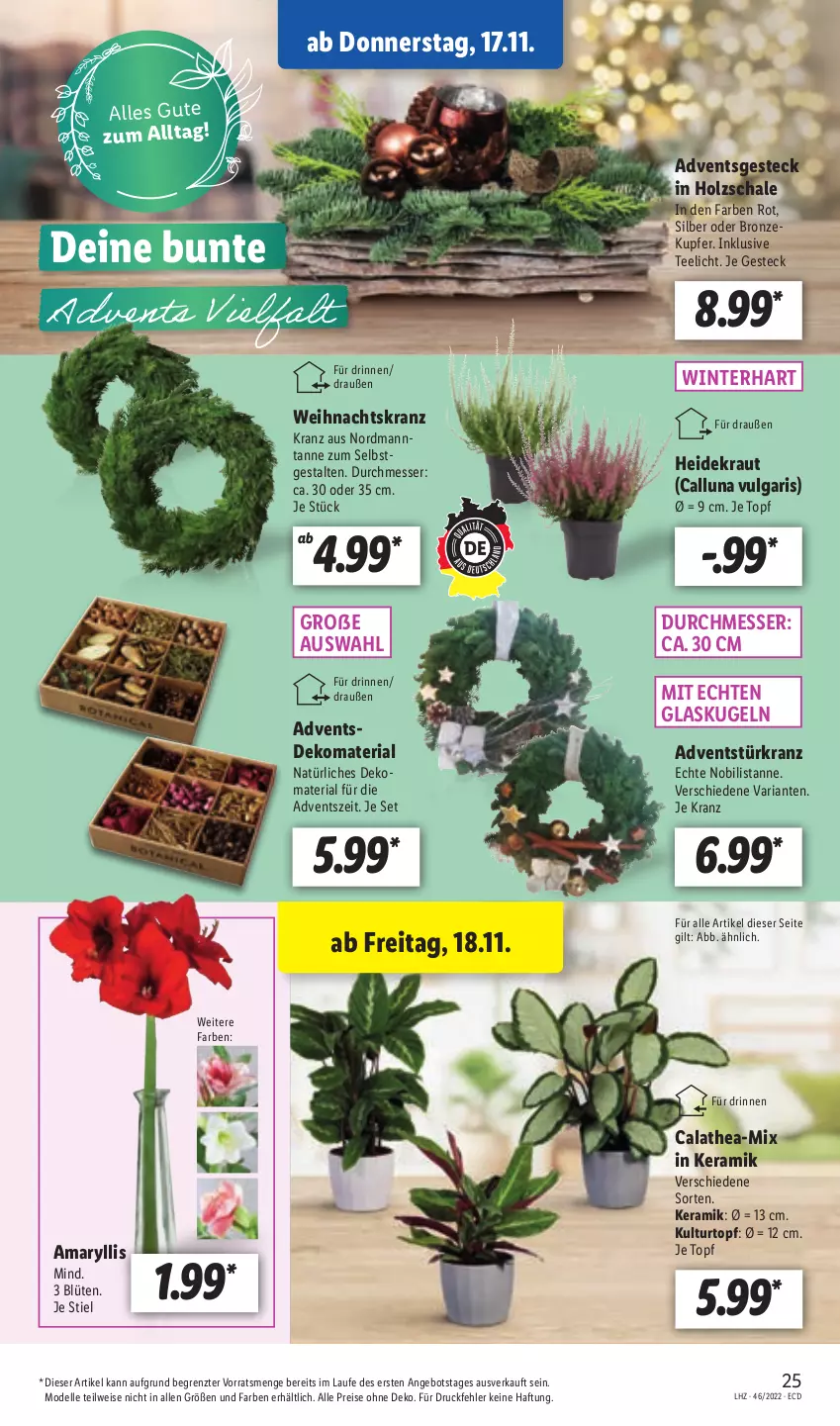 Aktueller Prospekt Lidl - Aktionsprospekt - von 14.11 bis 19.11.2022 - strona 29 - produkty: angebot, Blüte, dell, eis, elle, Glaskugel, Heidekraut, Holz, Kranz, Kraut, Kugel, kulturtopf, LG, messer, Mode, reis, Ria, Schal, Schale, tee, Teelicht, Thea, Ti, topf, Türkranz, Weihnachtskranz, ZTE