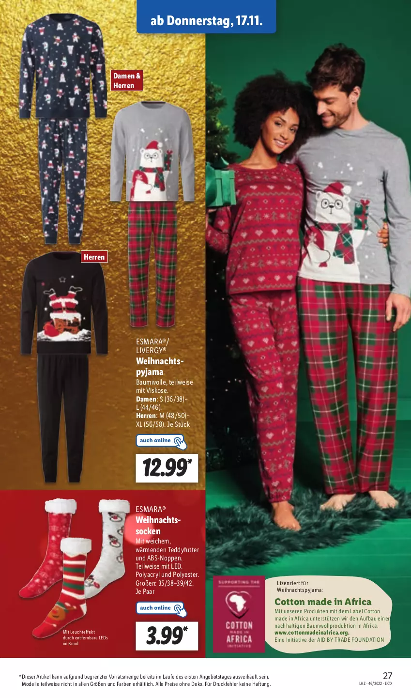 Aktueller Prospekt Lidl - Aktionsprospekt - von 14.11 bis 19.11.2022 - strona 31 - produkty: angebot, Bau, baumwolle, dell, eis, elle, esmara, leds, Leuchte, livergy, Mode, Pyjama, reis, socken, Ti, wolle, ZTE