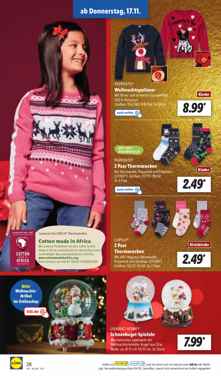 Aktueller Prospekt Lidl - Aktionsprospekt - von 14.11 bis 19.11.2022 - strona 32 - produkty: Bau, baumwolle, bio, bio-baumwolle, eis, Kinder, Kugel, lupilu, ndk, Pullover, Schal, Schale, Schneekugel, socken, Ti, uhr, wolle