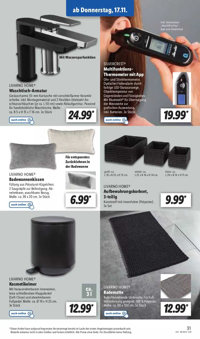 Aktueller Prospekt Lidl - Aktionsprospekt - von 14.11 bis 19.11.2022 - strona 35 - produkty: angebot, armatur, Bad, badematte, Badewanne, batterie, batterien, decke, Deckel, dell, edelstahl, eimer, eis, elle, fisch, fische, garnitur, kissen, korb, kosmetik, kosmetikeimer, Mode, reis, Ria, schläuche, silvercrest, thermometer, Ti, tisch, Wanne, waschtisch, wasser, Yo, ZTE