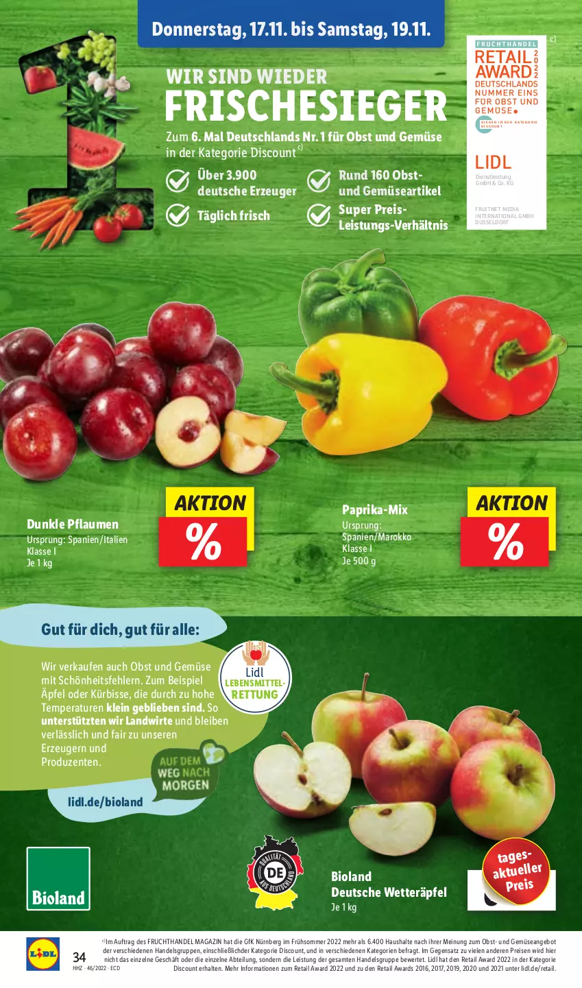 Aktueller Prospekt Lidl - Aktionsprospekt - von 14.11 bis 19.11.2022 - strona 38 - produkty: Abtei, angebot, bio, bioland, discount, eis, elle, ente, frucht, Kürbis, lebensmittel, magazin, obst, Obst und Gemüse, paprika, pflaume, pflaumen, reis, Ti, und gemüse, ZTE