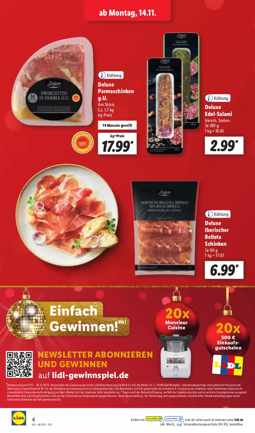 Aktueller Prospekt Lidl - Aktionsprospekt - von 14.11 bis 19.11.2022 - strona 4 - produkty: Bad, eis, gewinnspiel, gutschein, gutscheine, Monsieur Cuisine, ndk, parmaschinken, reis, salami, Schal, Schale, schinken, Ti