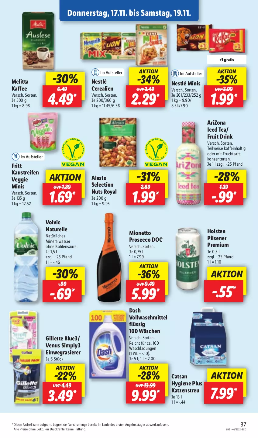 Aktueller Prospekt Lidl - Aktionsprospekt - von 14.11 bis 19.11.2022 - strona 41 - produkty: alesto, Alwa, angebot, aust, catsan, cerealien, drink, ecco, einwegrasierer, eis, elle, frucht, fruchtsaft, gillette, holsten, holsten pilsener, kaffee, Katzenstreu, Kaustreifen, melitta, mineralwasser, mionetto, mit frucht, natur, natürliches mineralwasser, nestlé, pils, pilsener, prosecco, rasierer, reifen, reis, rel, saft, sim, teller, Ti, veggie, venus, vollwaschmittel, volvic, waschmittel, wasser, ZTE