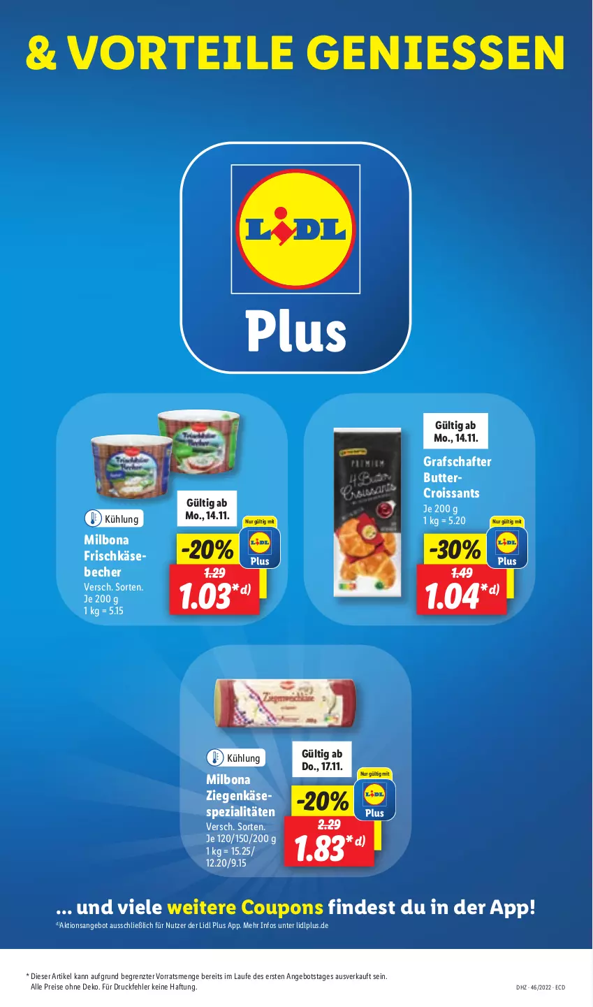 Aktueller Prospekt Lidl - Aktionsprospekt - von 14.11 bis 19.11.2022 - strona 43 - produkty: angebot, Becher, Bona, butter, coupon, coupons, Croissant, croissants, eis, frischkäse, grafschafter, Käse, Milbona, reis, Spezi, Ti, ziegenkäse, ZTE