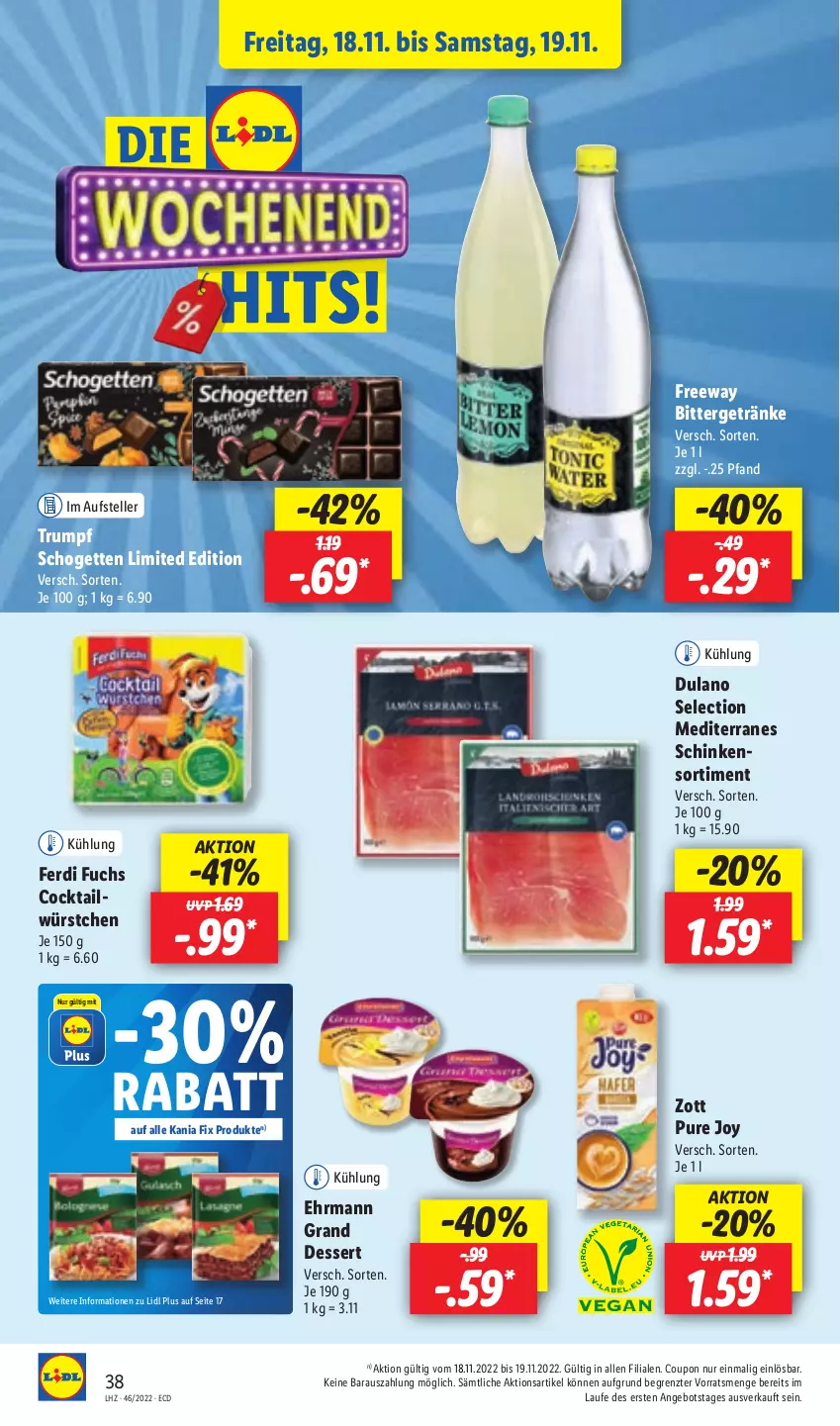 Aktueller Prospekt Lidl - Aktionsprospekt - von 14.11 bis 19.11.2022 - strona 44 - produkty: angebot, cocktail, coupon, dessert, dulano, ehrmann, Ehrmann Grand Dessert, elle, ferdi fuchs, getränk, getränke, rum, schinken, schogetten, teller, Ti, würstchen, zott, ZTE