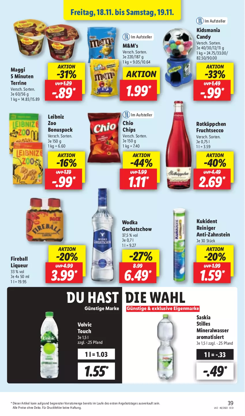 Aktueller Prospekt Lidl - Aktionsprospekt - von 14.11 bis 19.11.2022 - strona 45 - produkty: Alwa, angebot, ball, chio chips, chips, ecco, eis, elle, frucht, fruchtsecco, Gorbatschow, Kukident, leibniz, liqueur, maggi, mineralwasser, reiniger, reis, rotkäppchen, teller, terrine, Ti, volvic, wasser, wodka, ZTE