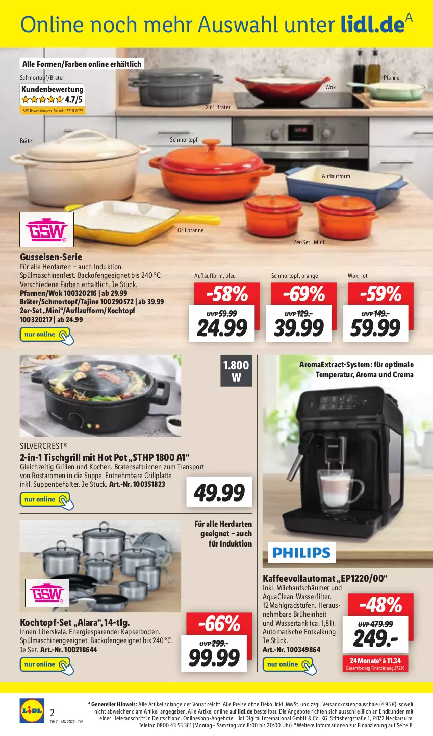 Aktueller Prospekt Lidl - Aktionsprospekt - von 14.11 bis 19.11.2022 - strona 48 - produkty: angebot, angebote, aqua, auto, backofen, Behälter, braten, Brühe, eis, elle, grill, Grillpfanne, grillplatte, herdarten, HP, kaffee, kaffeevollautomat, Kochtopf, latte, LG, milch, milchaufschäumer, ndk, Ofen, orange, pfanne, pfannen, reis, rel, saft, Schal, Schale, silvercrest, Sport, spülmaschinen, suppe, suppen, telefon, Ti, tisch, tischgrill, topf, topf-set, uhr, wasser, wasserfilter, wassertank, wok