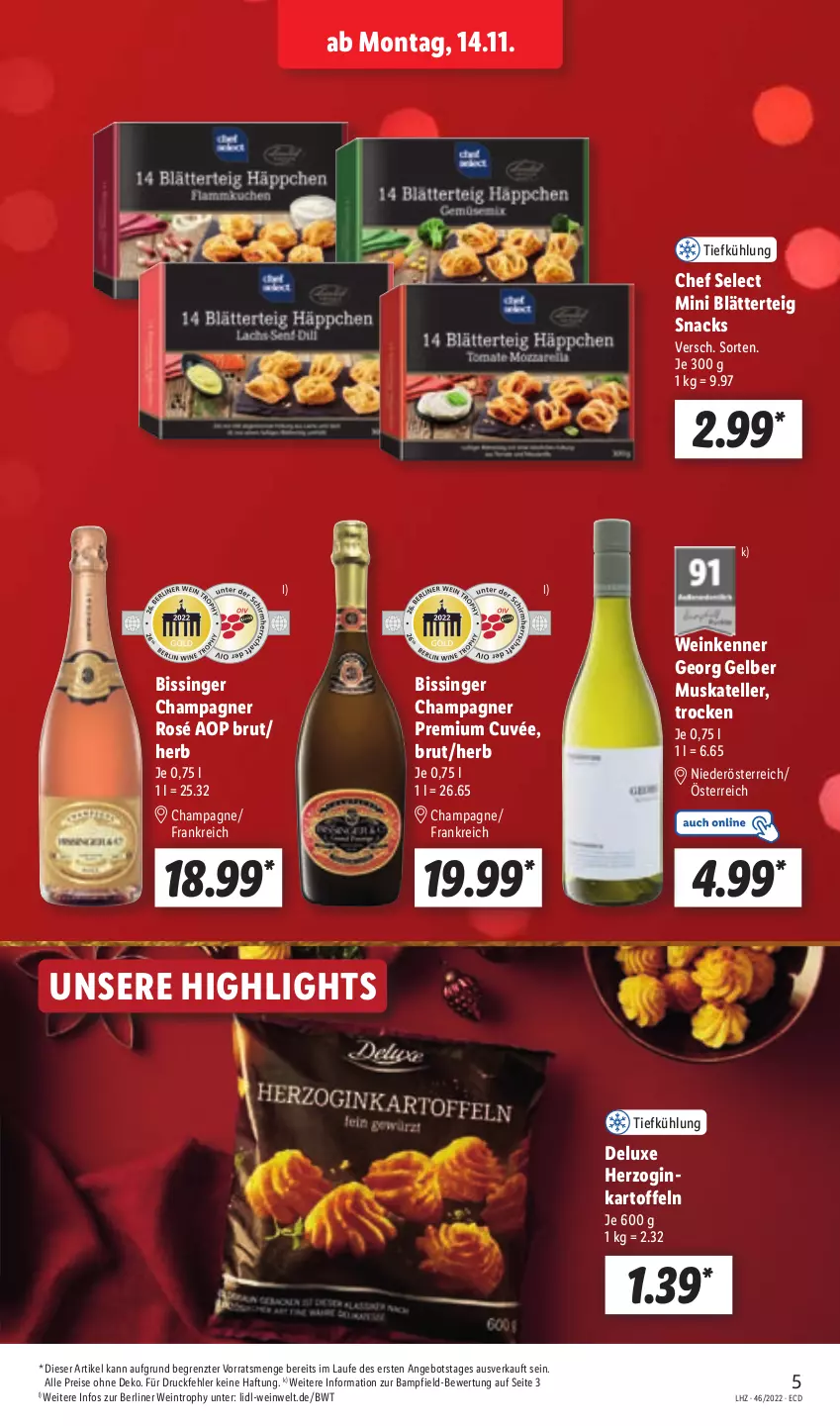 Aktueller Prospekt Lidl - Aktionsprospekt - von 14.11 bis 19.11.2022 - strona 5 - produkty: angebot, berliner, blätterteig, brut, champagne, champagner, cuvée, eis, elle, Gelber Muskateller, gin, kartoffel, kartoffeln, reis, snack, snacks, teller, Ti, wein, ZTE