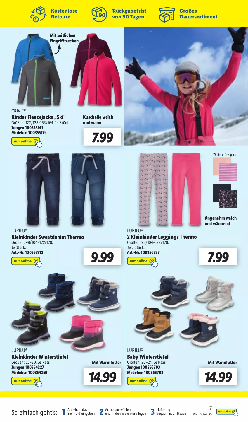 Aktueller Prospekt Lidl - Aktionsprospekt - von 14.11 bis 19.11.2022 - strona 55 - produkty: auer, crivit, Fleecejacke, gin, Jacke, Kinder, korb, leggings, lupilu, Tasche, taschen, Ti, Winterstiefel