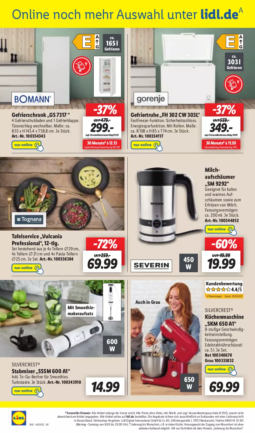 Aktueller Prospekt Lidl - Aktionsprospekt - von 14.11 bis 19.11.2022 - strona 56 - produkty: angebot, angebote, Becher, edelstahl, eis, elle, gefrierschrank, küche, Küchen, küchenmaschine, LG, milch, milchaufschäumer, Mixer, ndk, pasta, reis, rel, Rührschüssel, Schal, Schale, Schrank, schubladen, schüssel, silvercrest, smoothie, smoothies, stabmixer, telefon, teller, Ti, türanschlag wechselbar, uhr