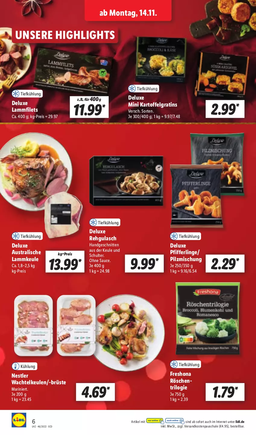 Aktueller Prospekt Lidl - Aktionsprospekt - von 14.11 bis 19.11.2022 - strona 6 - produkty: aust, eis, filet, filets, gulasch, kartoffel, lamm, Lammfilets, lammkeule, LG, ndk, Pfifferlinge, Pilzmischung, reis, sauce, Schal, Schale, schnitten, Ti