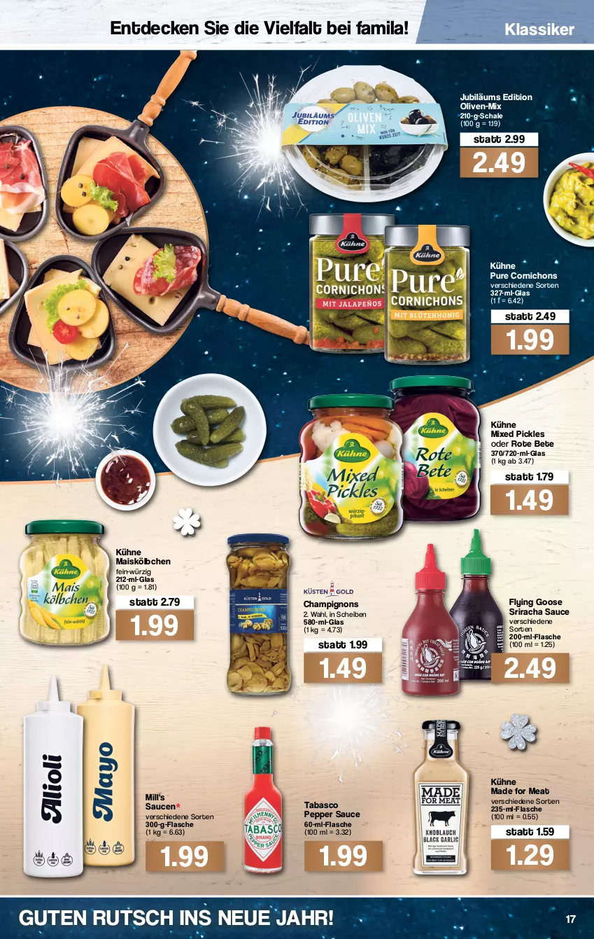 Aktueller Prospekt Famila - Prospekte - von 27.12 bis 31.12.2021 - strona 19 - produkty: champignon, champignons, decke, flasche, Jubiläums, Kühne, mais, Mixed Pickles, olive, oliven, rote bete, sauce, saucen, Schal, Schale, Sriracha, tabasco, Ti