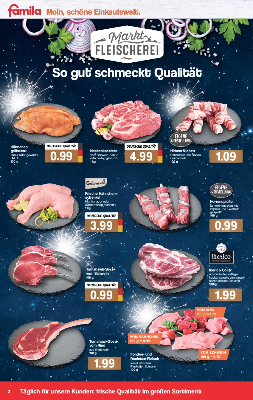 Aktueller Prospekt Famila - Prospekte - von 27.12 bis 31.12.2021 - strona 2 - produkty: bacon, eis, fleisch, Fondue, Frische Hähnchen, gewürz, grill, henkel, hirtenkäse, Hirtenröllchen, Käse, kotelett, küche, Küchen, Mantel, mit paprika, Nackensteak, nackensteaks, natur, paprika, rind, saft, schenkel, schwein, schweine, schweinenacken, steak, steaks, Ti, tisch, wein, weine, zwiebel, zwiebeln